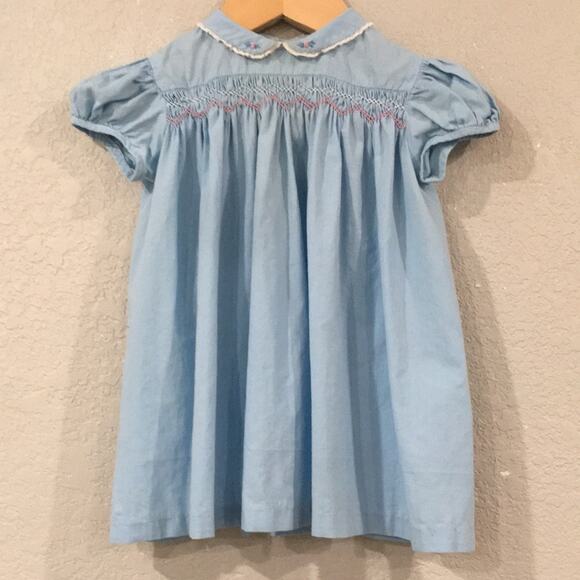 VTG Polly Flinders Baby Girl Sz 12M Dress Blue Hand Smock Stitched 1950s Vintage - Picture 1 of 9